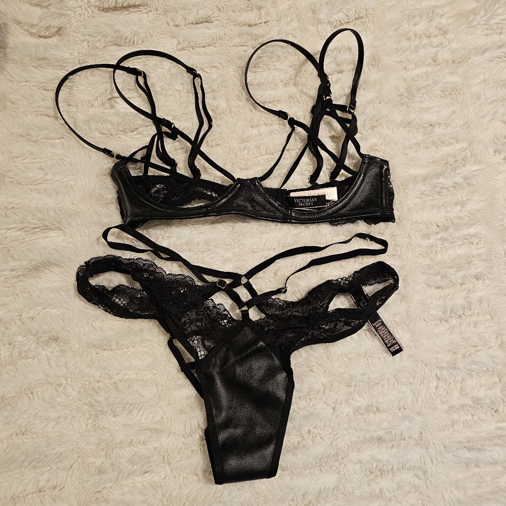 Victoria's Secret Black Faux Leather Strappy Set Small
